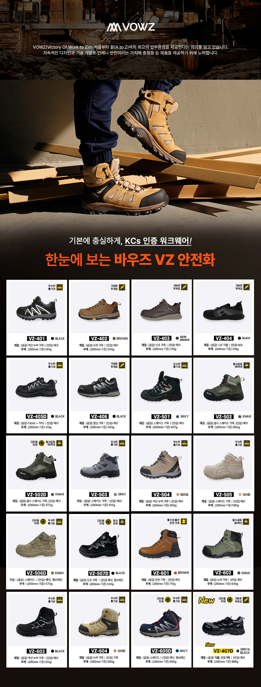 바우즈 경량 와이드핏 충격 흡수 다이얼 작업화 안전화 VZ-407D 상세 이미지