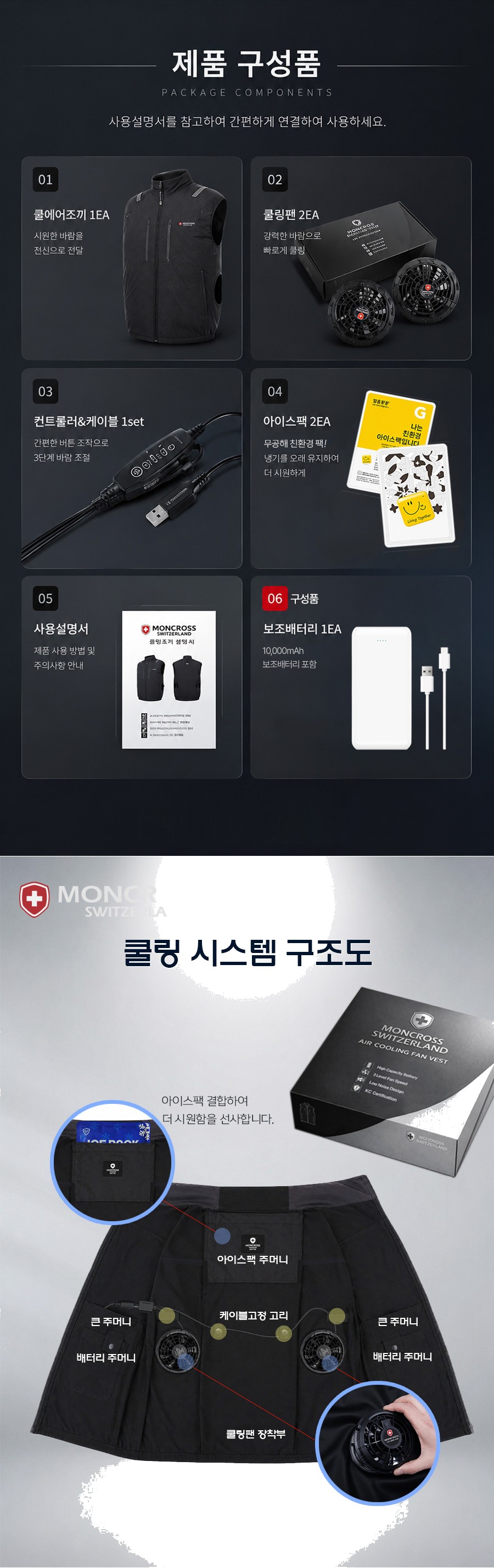 몽크로스 여름 등산 작업 스포츠 선풍기조끼 시원한 저소음 듀얼 쿨링팬 쿨 에어조끼 보조배터리포함 상세 이미지