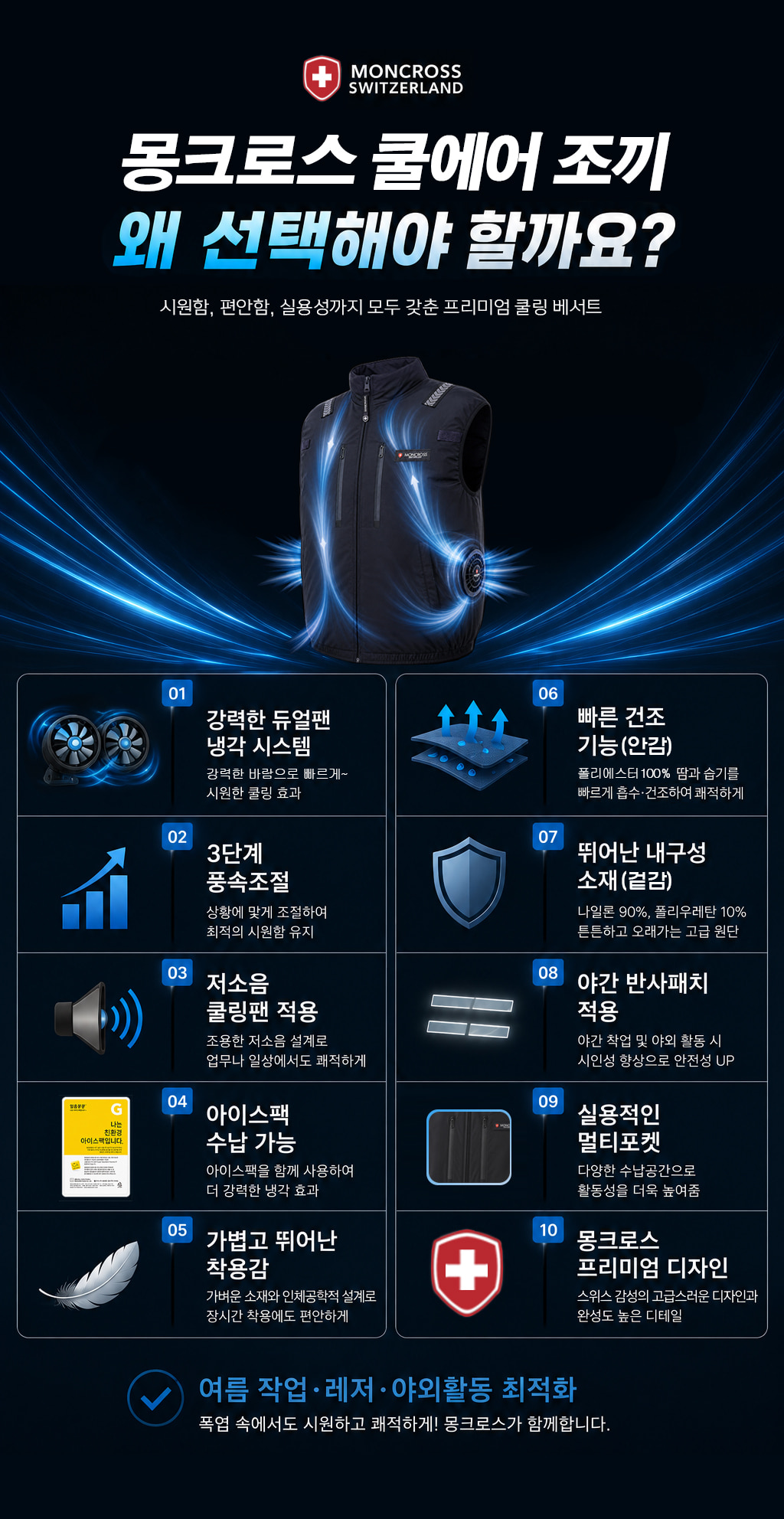 몽크로스 여름 등산 작업 스포츠 선풍기조끼 시원한 저소음 듀얼 쿨링팬 쿨 에어조끼 보조배터리포함 상세 이미지
