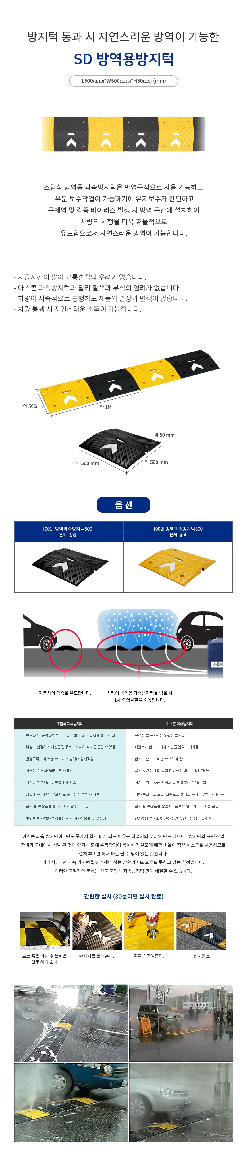 도로안전용품 안전시설물 SD방역용방지턱 검정 노랑 몸통 세트 상세 이미지