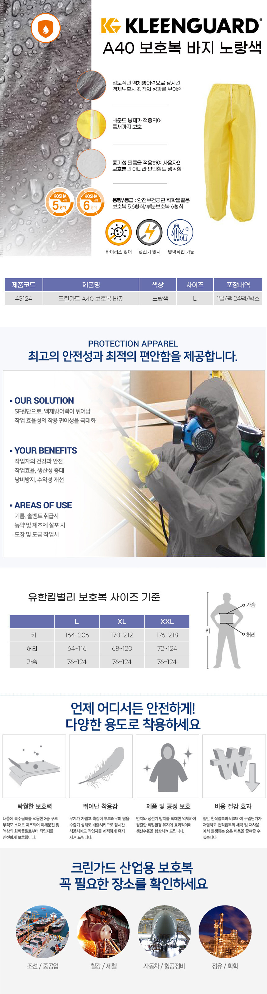 크린가드 A40 XP 자켓,바지 노란색 (대형)43114/43124 상세 이미지