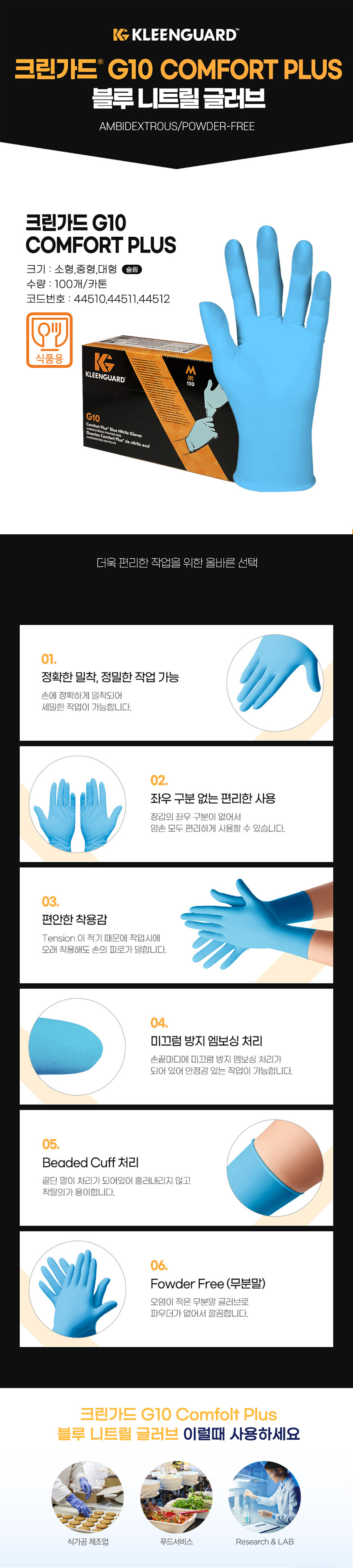 크린가드 G10 컴포트 플러스 니트릴 글러브,중형,대형 44511/44512 상세 이미지
